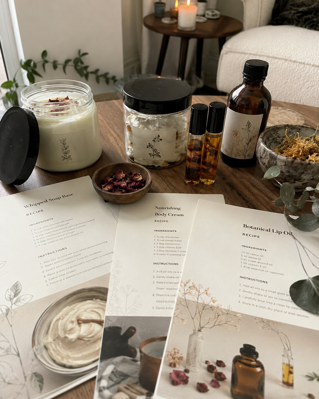 The Crafted Rituals recipe sheets and handmade products photographed on a home table